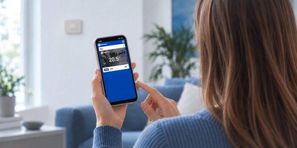 Donna utilizza l'app Fantini Cosmi sul telefono